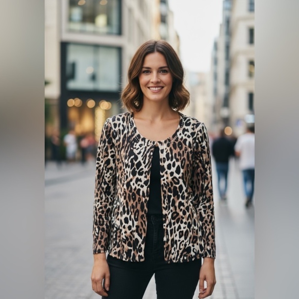 NY Collection Leopard Print Jacket XL Open Front Stud Detail Long Sleeve Lined